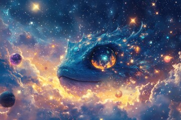 A fantastical creature with glowing eyes emerges from a swirling nebula.