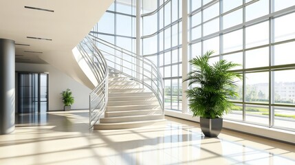 A modern lobby featuring a stylish staircase and large windows, enhancing natural light and greenery.
