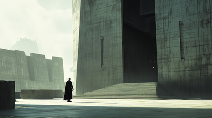 Solitary figure near a large, imposing concrete structure under misty, dramatic lighting