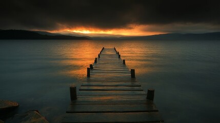 Fototapeta premium A serene wooden pier extends into a calm lake, illuminated by a dramatic sunset.