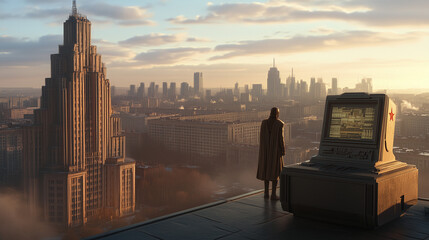 A lone figure stands beside a vintage computer on a rooftop, gazing over a futuristic cityscape bathed in golden sunset light
