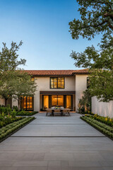 Fototapeta premium Elegant modern residence with landscaped garden during sunset in serene suburban area