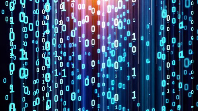 Digital code rainfall: futuristic binary pattern with dynamic light effects