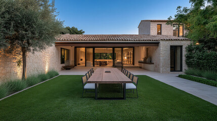 Modern outdoor dining area with wooden table in a spacious garden at twilight