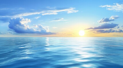 Obraz premium A serene ocean view at sunrise, with calm waters reflecting the vibrant sky.