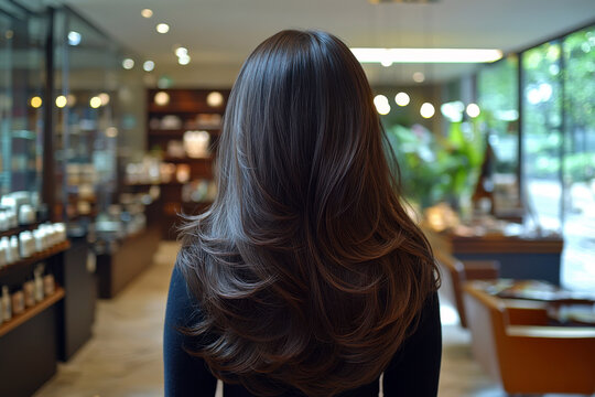 Woman with long, beautifully styled hair stands in a modern salon surrounded by products