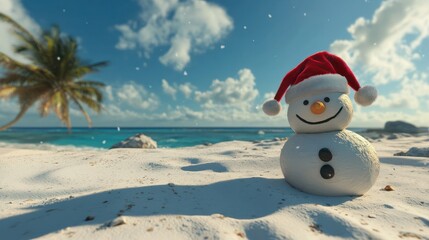 Sandy snowman with red Santa Hat on white Caribbean beach