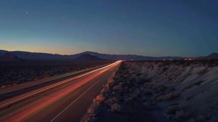The surreal landscape of the desert is further enhanced by the stark contrast of the dark highway and the vibrant light trails left by passing cars.