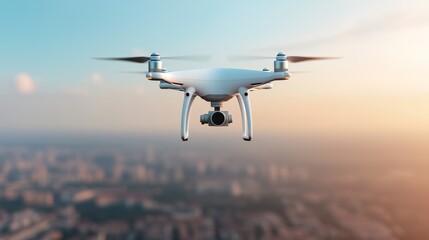 Drone Flying Over Cityscape at Sunset
