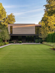 Obraz premium Modern home glows under sunlight in a lush green landscape during a serene afternoon