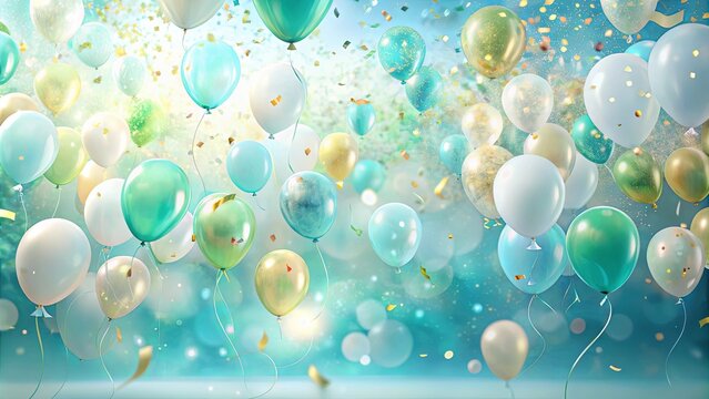 A symphony of vibrant balloons dance against a shimmering backdrop, their pastel hues and delicate ribbons creating a joyful celebration of light and air.