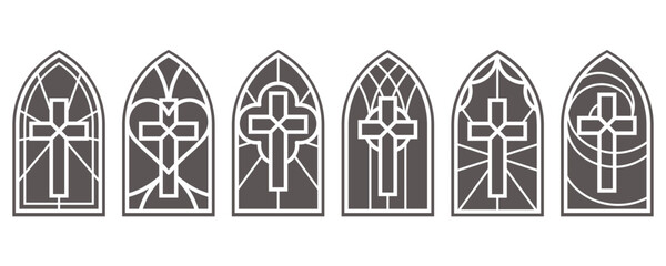 Fototapeta premium Cathedral church windows with cross. Stained glass gothic catholic arch. Vector architecture medieval silhouette of frame. Castle interior elements on white background