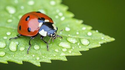 Fototapeta premium Explore the fascinating life of a ladybug as it crawls on a dew-drenched leaf