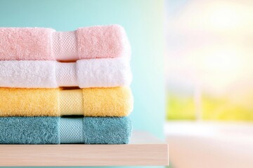 Tidy home decluttering and organizing concept. Description: A stack of vibrant towels in pastel colors neatly arranged on a shelf with a soft blurred background