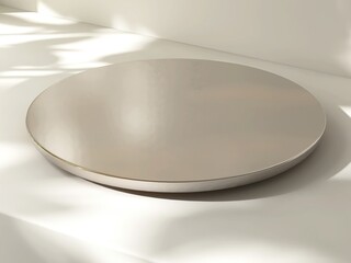 Modern round silver podium table on cream white counter in dappled sunlight, leaf foliage shadow on wall for luxury organic fashion, beauty, cosmetic, skincare, body care product display background 3D