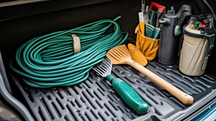 A set of gardening tools neatly arranged, featuring a trowel, rake, gloves, and watering can. Each tool shines with practicality, designed for digging, planting, and nurturing a vibrant garden.