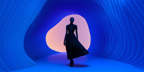 Fashion model struts down a futuristic 3d printed runway in a stylish dress, lit by warm light against a mesmerizing blue backdrop, showcasing innovative design