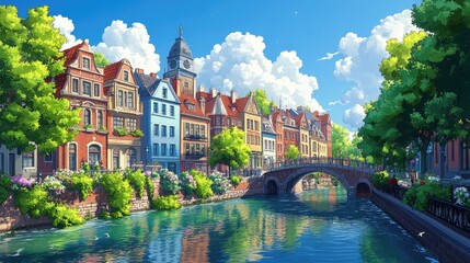 Naklejka premium A picturesque canal runs through a quaint town with colorful buildings, a bridge, and lush greenery.