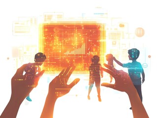 Family Fingers Touching Holographic Screen Close Up Macro Image Digital Unity Technology Interaction Bonding Shared Experiences Family Engagement Illustration