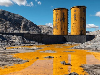 Industrial landscape showcasing orange water and yellow silos under a clear blue sky, highlighting environmental impact.