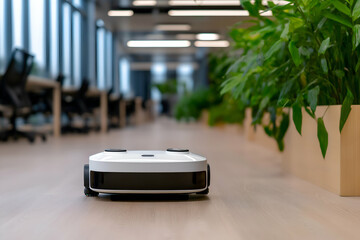 Modern office environment benefits from the integration of robotics and automation as an autonomous cleaning robot diligently carries out its duties to maintain cleanliness and hygiene