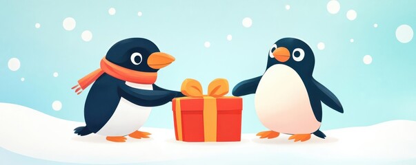 Fototapeta premium Penguins exchanging gifts, flat design illustration