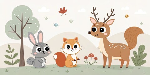 Obraz premium minimalist cute cartoon woodland animals background