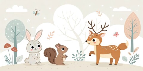 Fototapeta premium minimalist cute cartoon woodland animals background