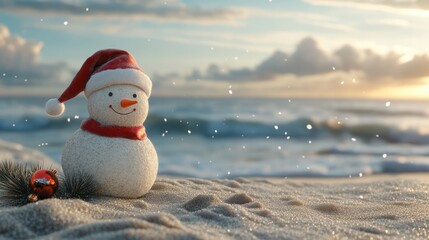 Obraz premium Snowman made of sand with Santa hat on beach near sea, space for text. Christmas vacation