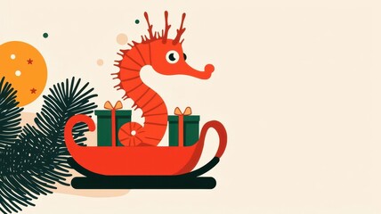 Seahorse pulling a sleigh with gifts, underwater Christmas, flat design illustration