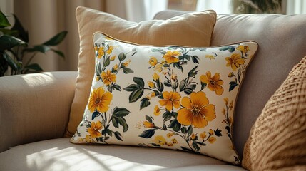 A yellow floral pillow with a beige pillow behind it on a beige couch.
