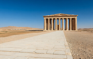 Fototapeta premium Ancient temple ruins in a dry landscape under clear blue skies in the afternoon sun
