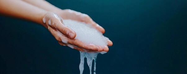 A close-up of hands holding soapy foam with a dark background, symbolizing cleanliness and hygiene.