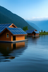Naklejka premium Modern floating houses equipped with solar panels on a calm lake reflecting the surrounding mountains promote sustainable and eco friendly living in harmony with nature