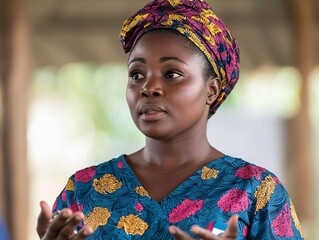 Fototapeta premium A confident young woman speaks passionately in traditional attire, showcasing cultural heritage and community engagement.