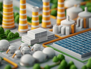 Fototapeta premium A detailed 3D model of an energy facility featuring factories, solar panels, and cooling towers in a modern industrial setting.