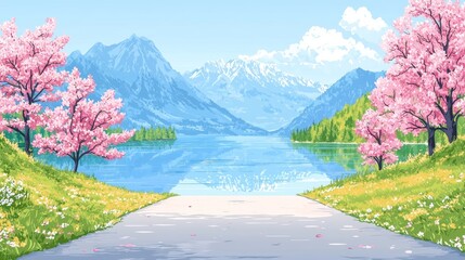Naklejka premium Calm Lakeside Road with Reflective Waters and Trees