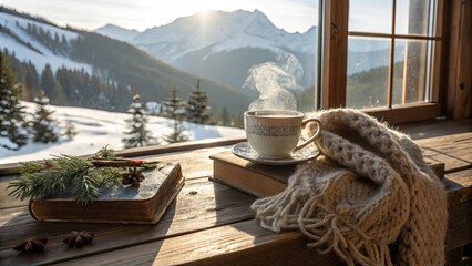 A steaming cup of coffee resting on a book, beside a knitted scarf, with a snowy mountain vista framed by a wooden windowpane