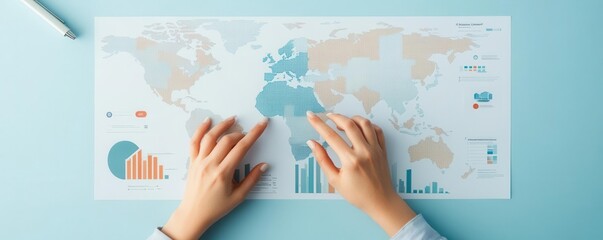 Hands interacting with real estate growth data on world map, market insights