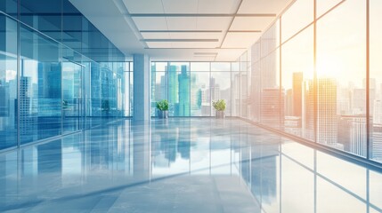 Modern office interior with large windows showcasing a city skyline and natural light.