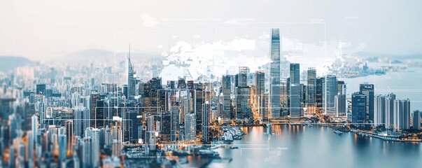 Fototapeta premium Real estate growth map overlay with cityscape, concept of international property success