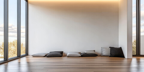 Fototapeta premium Modern minimalist interior with floor cushions and large windows in a serene setting