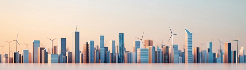 Obraz premium A modern skyline featuring skyscrapers and wind turbines, showcasing urban architecture and sustainable energy.