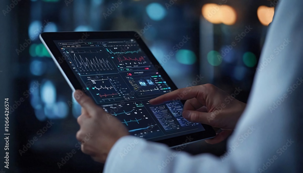 Poster a person interacting with a tablet displaying complex data analytics in a modern, high-tech environm