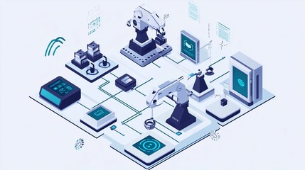 Fototapeta premium An intricate layout of robotic automation and technology in a modern industrial setting showcasing interconnected systems and machinery