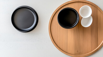 Minimalist dining setup with a wooden tray, black plate, and ceramic bowls on a white surface
