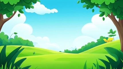 A vibrant, cartoon-style landscape featuring green hill, tree, and a bright blue sky.
