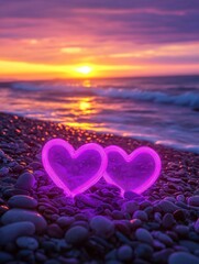Fototapeta premium Two Hearts on a Beach at Sunset