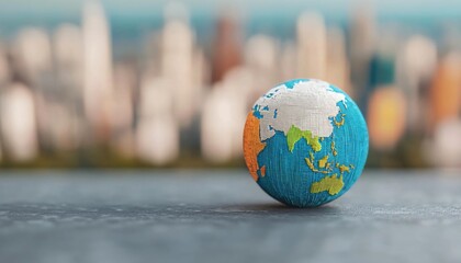 Colorful globe on a surface with a blurred city background, representing global travel and exploration.