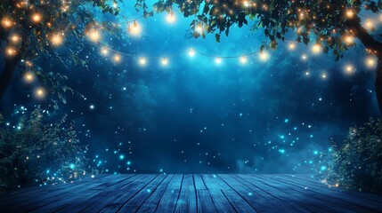 Naklejka premium A wooden platform with fairy lights and glowing particles on a blue backdrop.